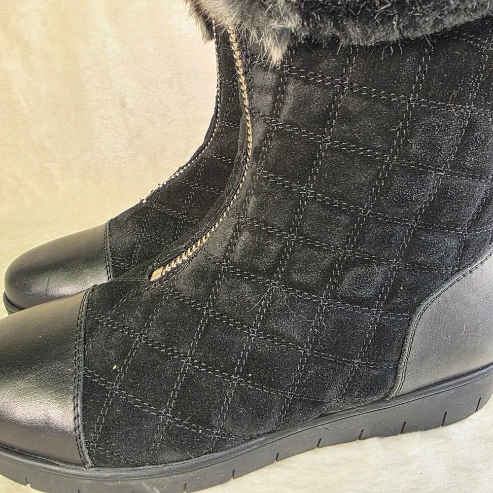 Aquatalia Quilted Mid Calf Snow Boots Faux Fur Trim Black Front Zip Women 7